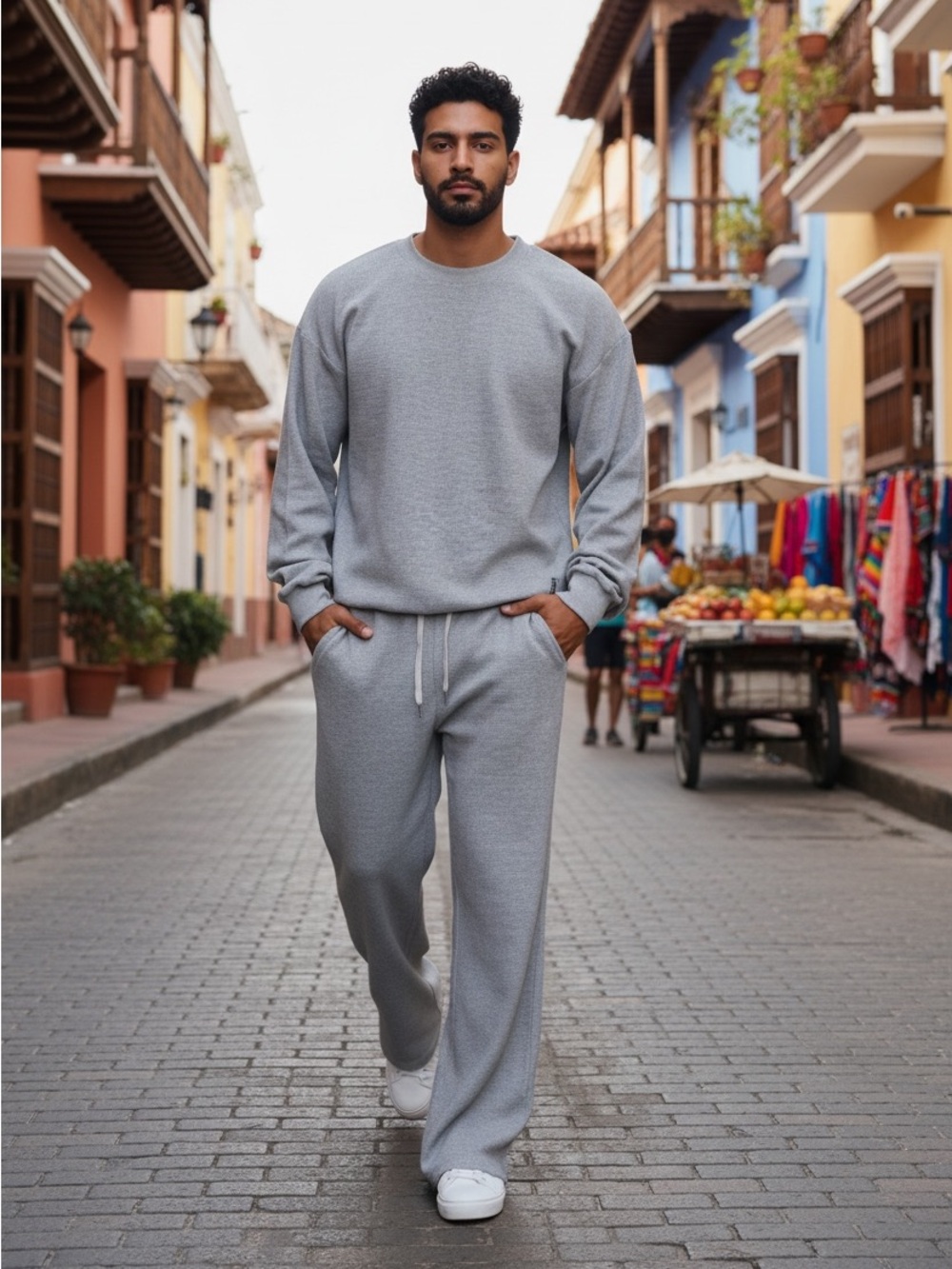 Comfrt Waffle Knit Lounge Set Crewneck Sweatshirt & Wide Leg Pants Gray Size M